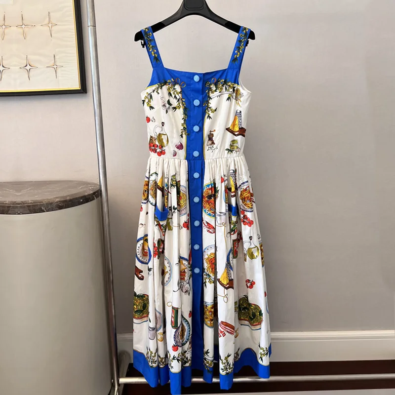 

High Quality 100% Cotton Women's Dress Poplin Champagne Cutlery Print Blue Button Mid Length suspenders Dress Vacation Party