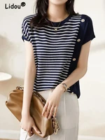 office personality stripe blouse women summer new loose minority feature patchwork button round neck knitting pullover shirt