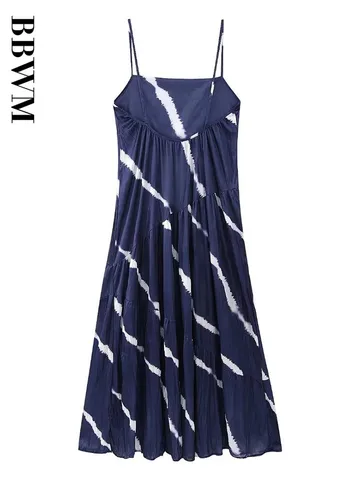 Tie Dye Dress Woman Print Strap Long Dresses Straight Collar Sleeveless Summer Dress 2023 Casual Chic Female Maxi Dresses