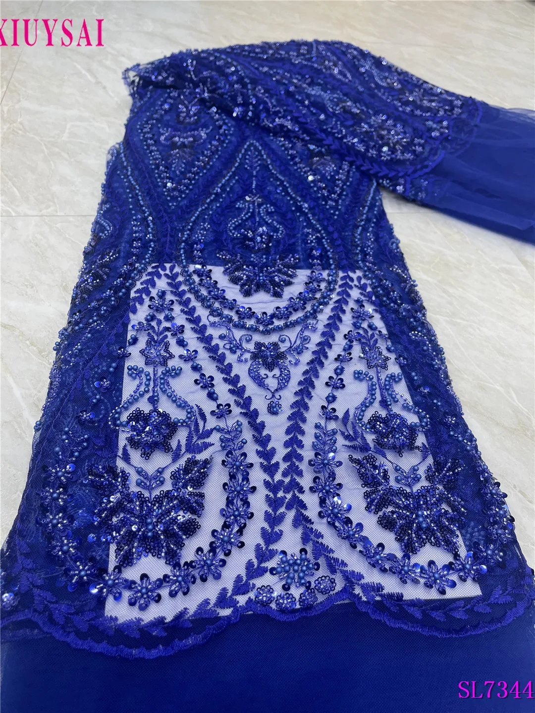 

Синие блестки Роскошные Бусины кружева африканский 2023 высокое качество 5 ярдов ткань ручной работы блестки Нигерия для вечернего платья