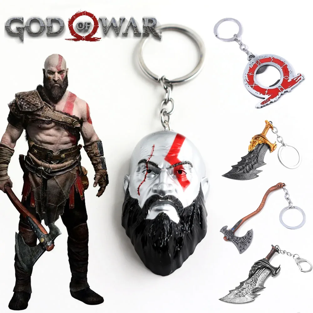 

God of War 3D Kratos Head Keychain Axe Shield Sword Blades of Chaos Weapon Pendant Keyring For Women Men Car Key Chain Jewelry