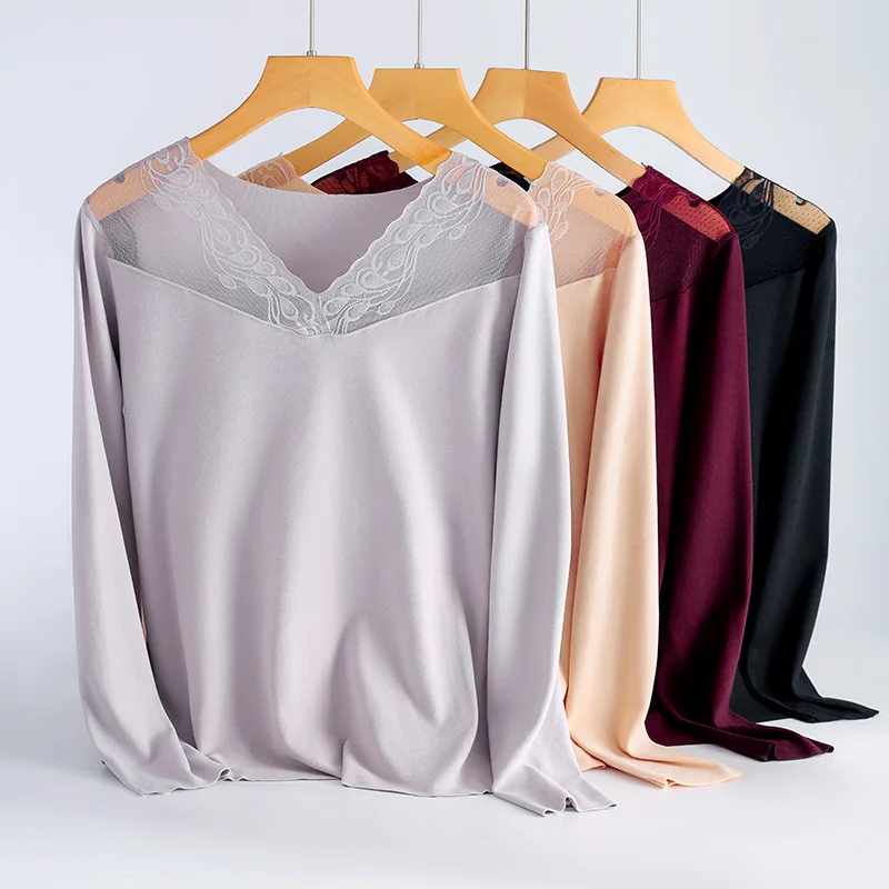 Sexy Lace Women's Thermal Underwear With Bra Winter Thermo Lingerie V Neck Slimming Warm Bottoming Top Warm Undershirt Intimate