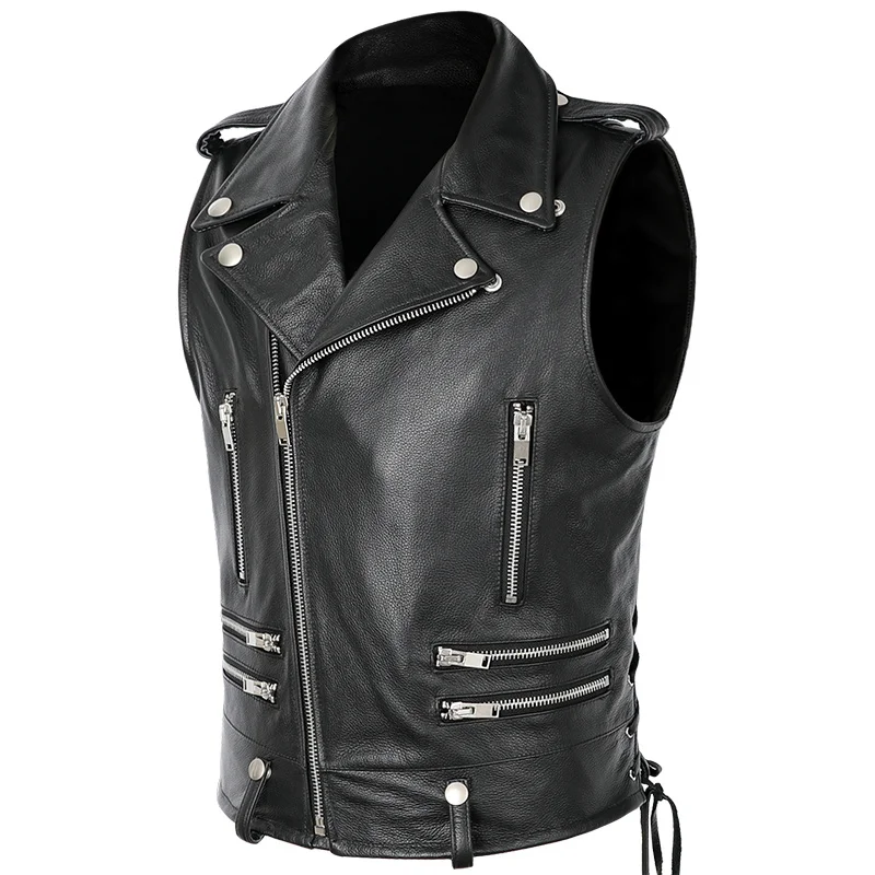 

New Natural Leather Vest Motorcycle Men Biker REAL Cowhide Sleeveless Jacket Slim Fit Vests