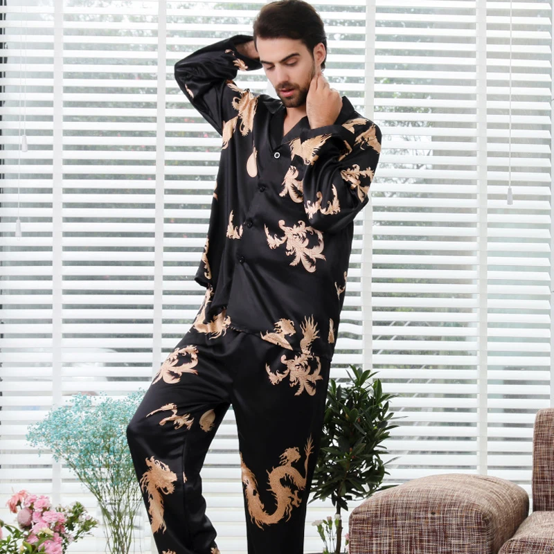 2022 Silk Couple Pajamas New Long-sleeved Suit Men and Women V-neck Silk Print Dragon and Phoenix Homewear Sleepwear