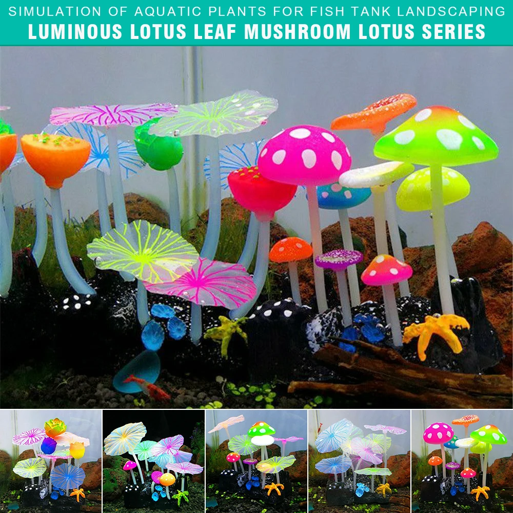

1set Glowing Mushroom Plant Creative Fish Tank Lotus Leaves Mushrooms Landscaping Decor Aquarium Decoration Plants Supplies