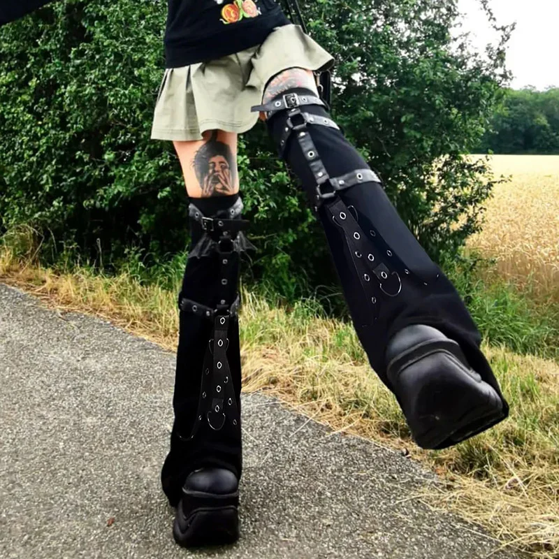 New Fashion Women Dark Punk Socks Gothic Style Elegant Chic Solid Color Buckle Patchwork Slim Ladies Long Socks For Autumn