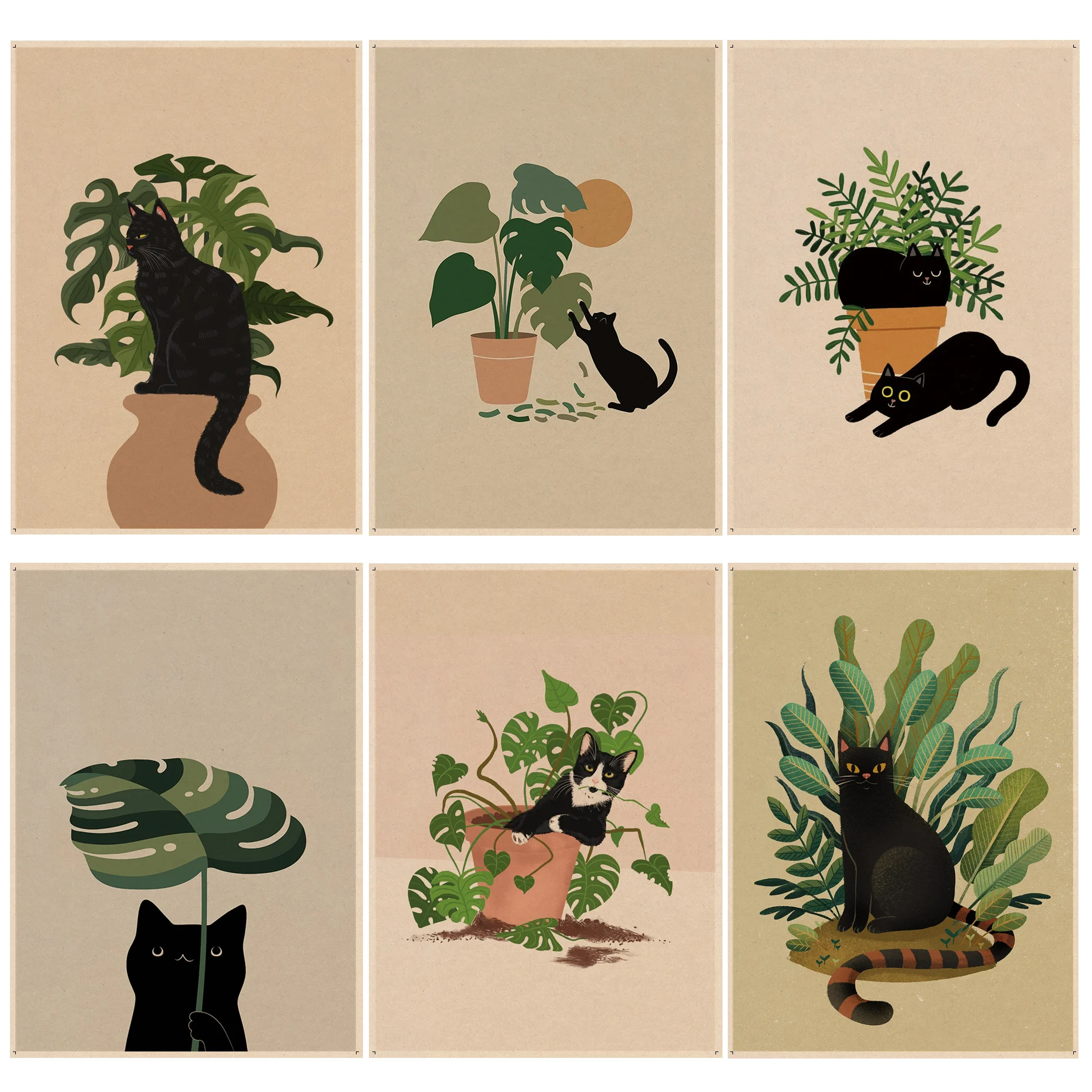 

Cartoon Black Cat And Plants Anime Posters Kraft Paper Sticker Home Bar Cafe Vintage Decorative Painting