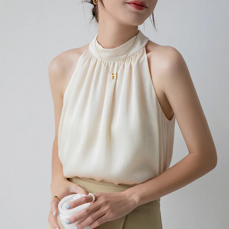 

Summer Sexy Halter Off Shoulder Chiffon Blouses Women Office Lady Sleeveless Shirts Summer Elegant Apricot Backless Tops 26865