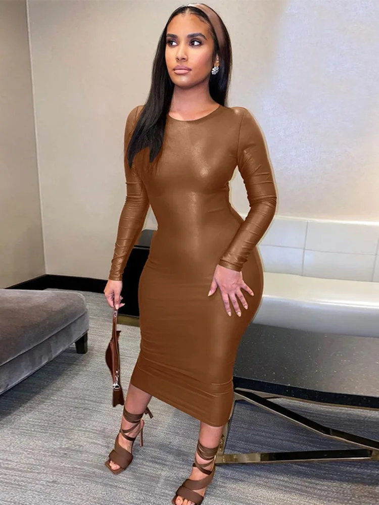 

Осеннее сексуальное однотонное облегающее платье миди с длинным рукавом и круглым вырезом для женщин, халат, элегантные длинные платья с ра...