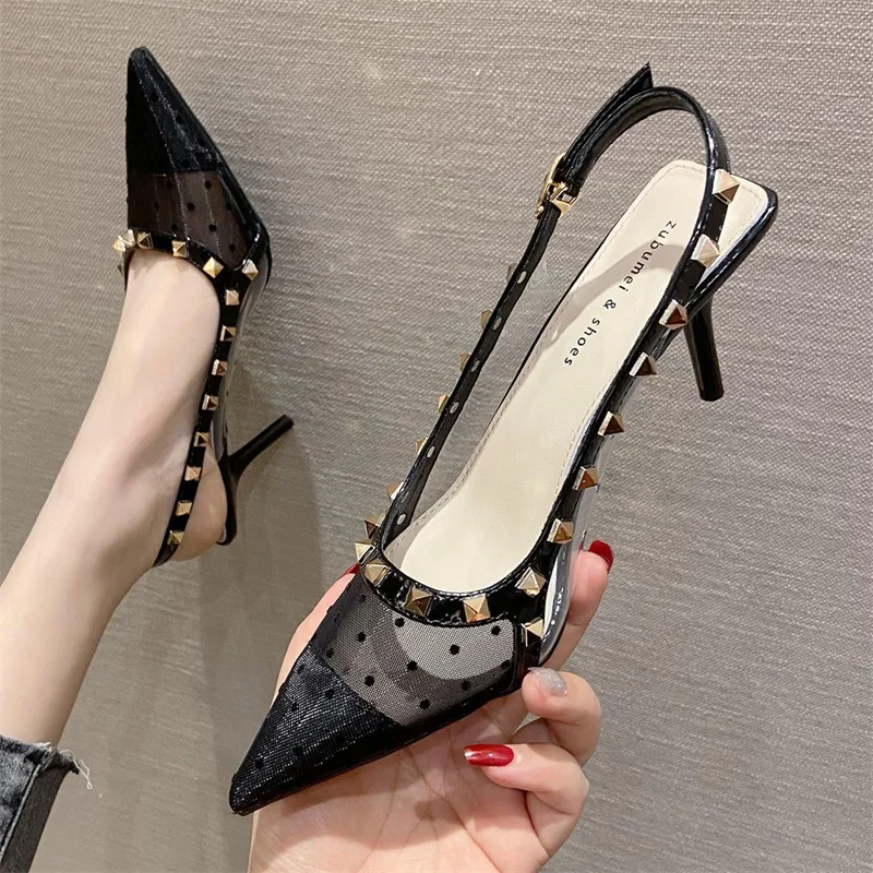 

Mesh Sandals Women Sweet Rivet Slingback High Heels Pointed Sandals 6cm Stiletto Ladies Wedding Party Transparent Sandals Summer