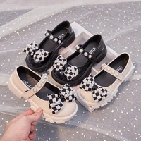 sweet round toe checkerboard bow pearl glossy versatile non slip kids fashion 2022 loafers for girls korean style children black
