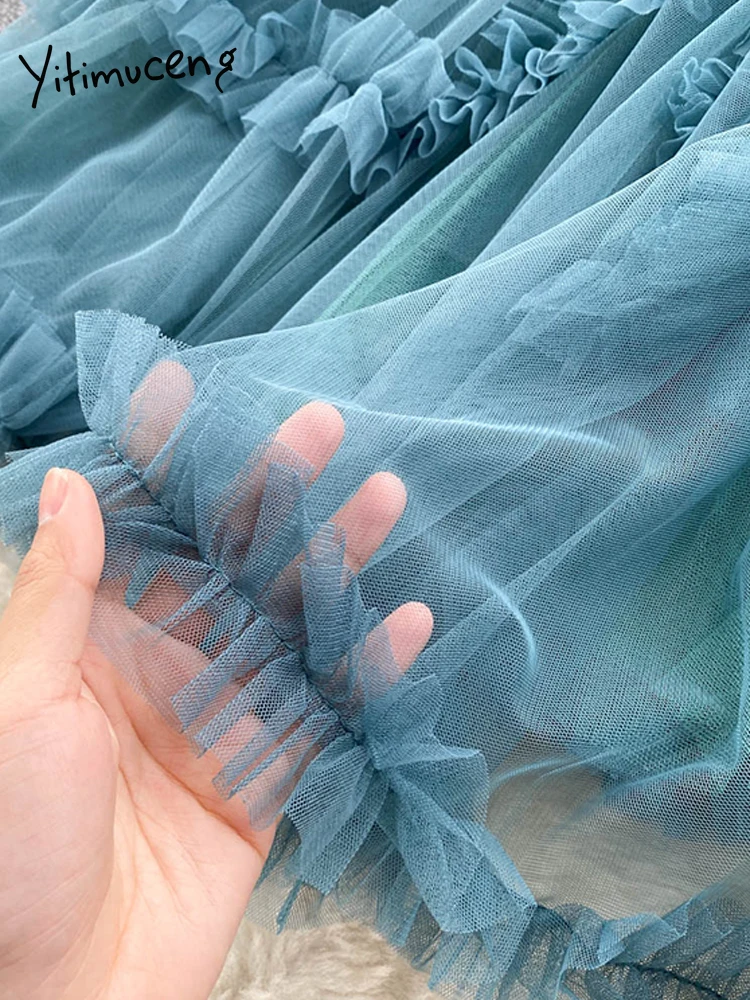 Женская Юбка-миди с поясом на резинке синяя сетчатая однотонная трапециевидная