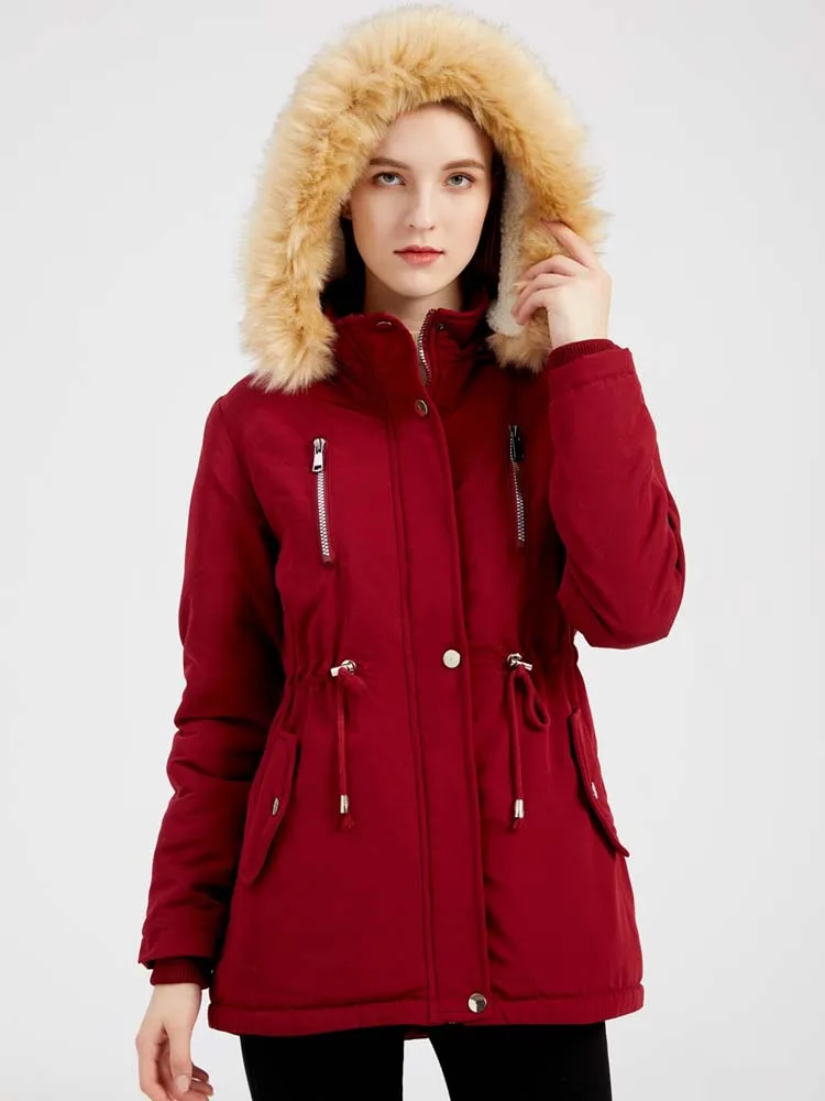 Women's Fashion Winter Coat Lamb Fleece Loose Cotton Parkas Fur Lined Hooded Outwear Jackets Hood Detachable Warm Overcoat