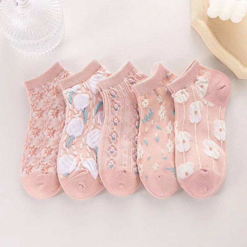 5 Pairs Spring And Autumn Women Cute Pink Socks Harajuku Flowers Shallow Mouth Comfortable Breathable Low Top And Ankle Socks
