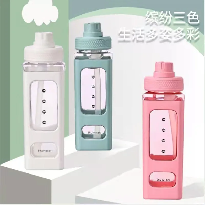 

700ml/900ml Kawaii square Water Bottle Plastic Juice Milk Tea Portable Cute Shaker Drink Bottle kids cup with lid and straw