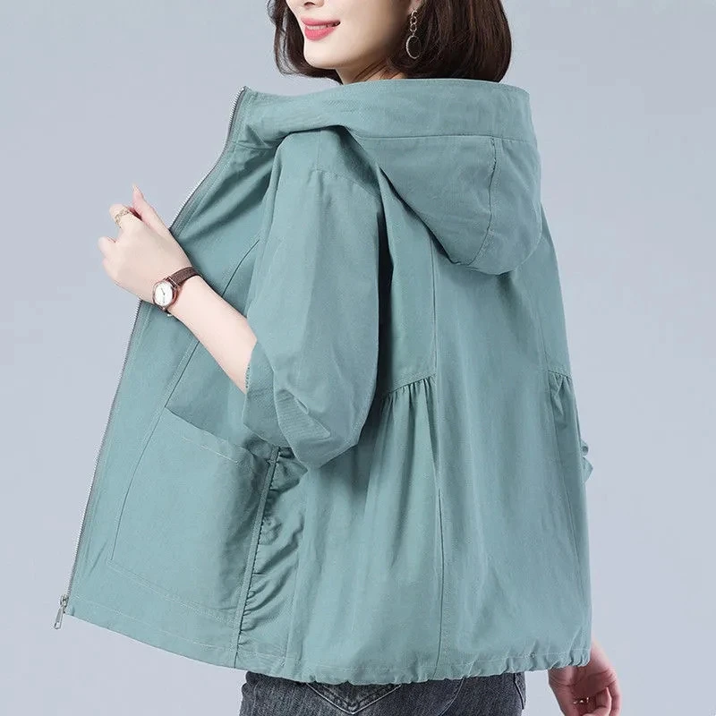 

Женская Осенняя куртка с длинным рукавом, повседневная куртка с капюшоном, Женская ветровка, свободные куртки на молнии с карманами, базовое пальто, верхняя одежда, новинка 2022