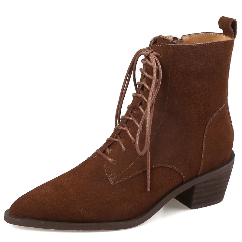 

Dilalula Pointed Toe Thick Heels Women Ankle Boots Autumn Winter Office Party Fashion Cross-Tied Cow Suede Leather Shoes Woman