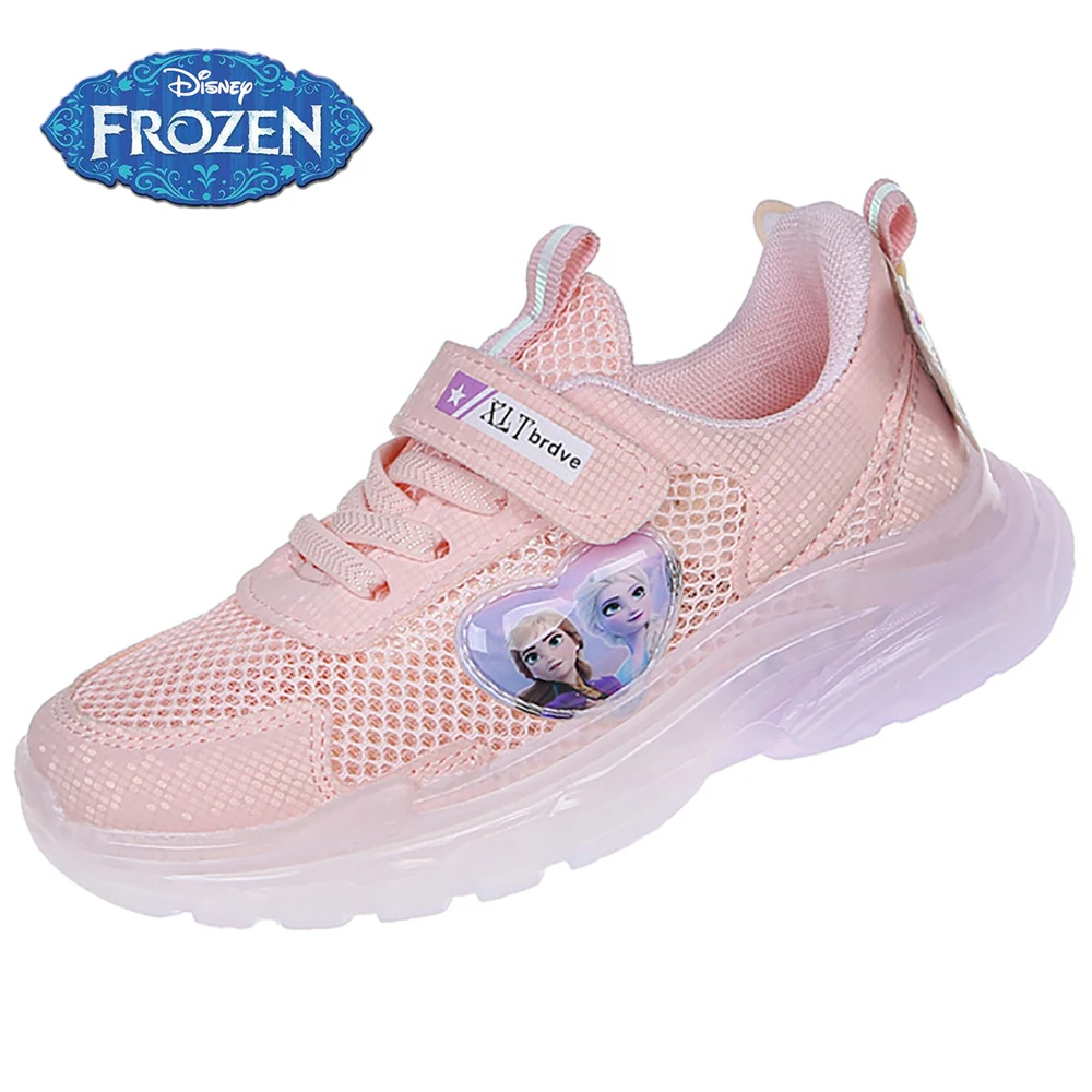 Disney New Kids LED Casual Sneakers For Spring Girls Frozen Princess Sports Shoes Children's Lighted Non-slip Breathable Sneaker