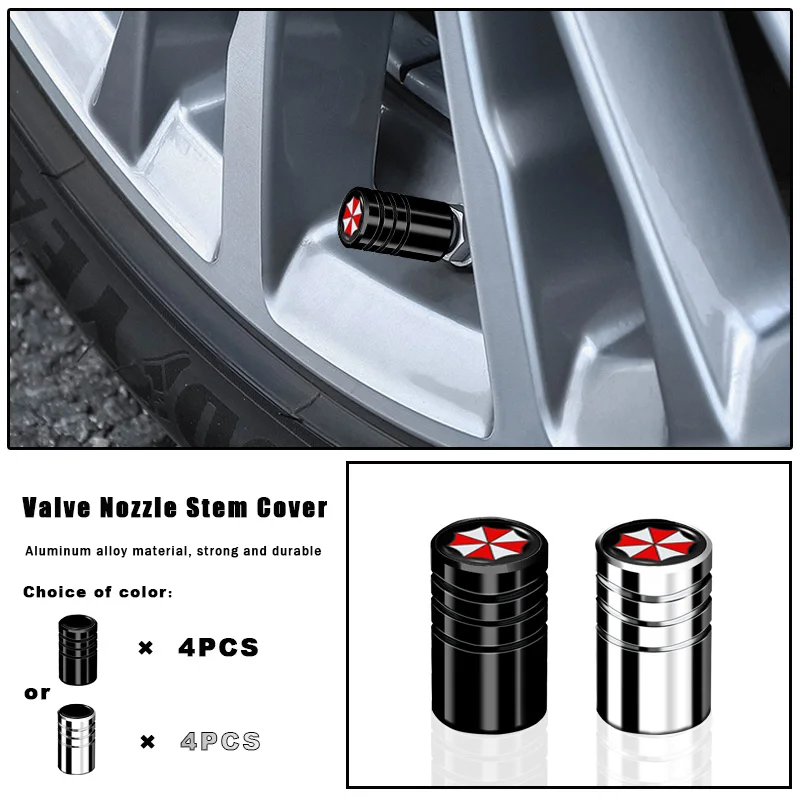 

4Pcs Car Hub Stem Valve Cap Aluminum Valve Cover for Umbrella Corporation Tvirus Academy Cosplay Funko Corp Pen Car Accessories