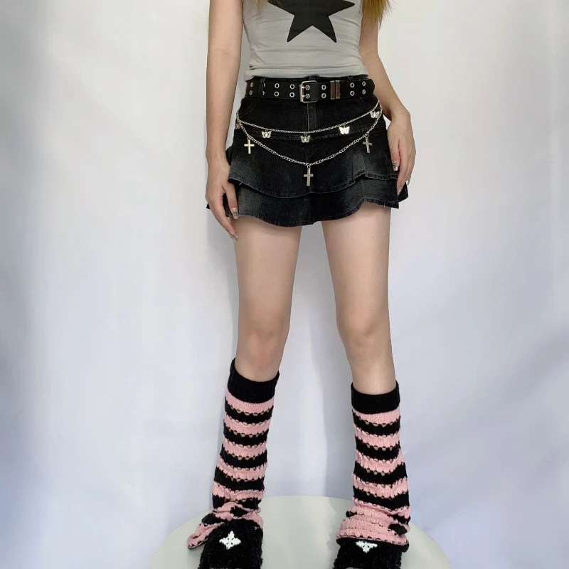 Women Knitting Leg Warmers School Student Button Down Lace Trim Foot Cover Socks Acrylic  Middle Tube