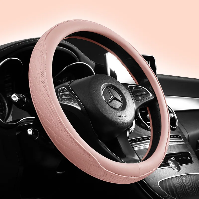 Napa Leather Perforated Patchwork Car Steering Wheel Cover Non-slip Breathable D-type，Universal 15 Inch (Approx. 38.1cm)