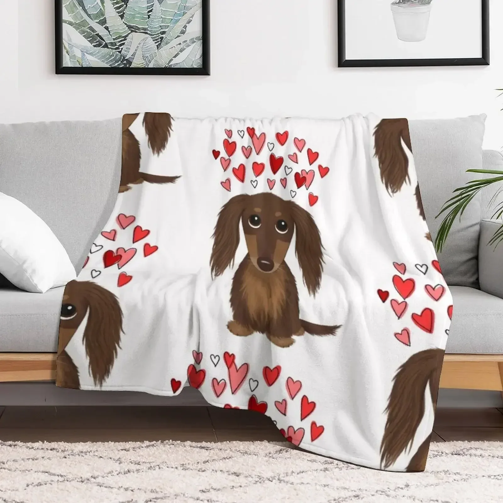 Длинношерстная шоколадная такса с сердечками мультяшная собака на День святого