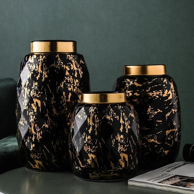 Modern Black Gold Ceramic Vase Wedding Decoration Marbled Flower Arrangement Hydroponic Dining Table Living Room