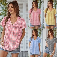 independently developed and designed plaid top 2022 spring and summer new v neck girls shirt femininity