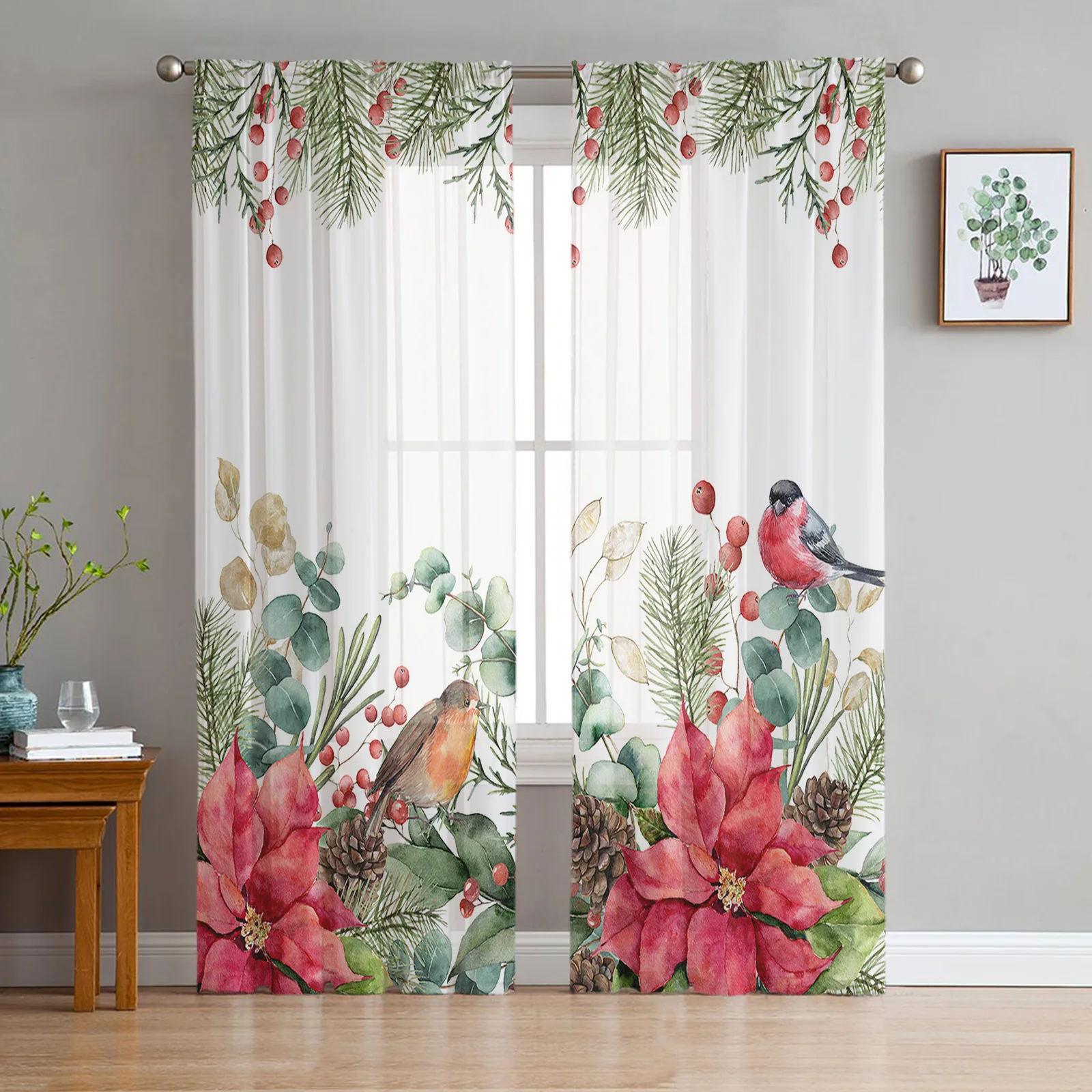 

Christmas Fir Tree Robin Poinsettia Winter Tulle Window Curtain Voile Organza Valance Living Room Bedroom Decor Sheer Curtains