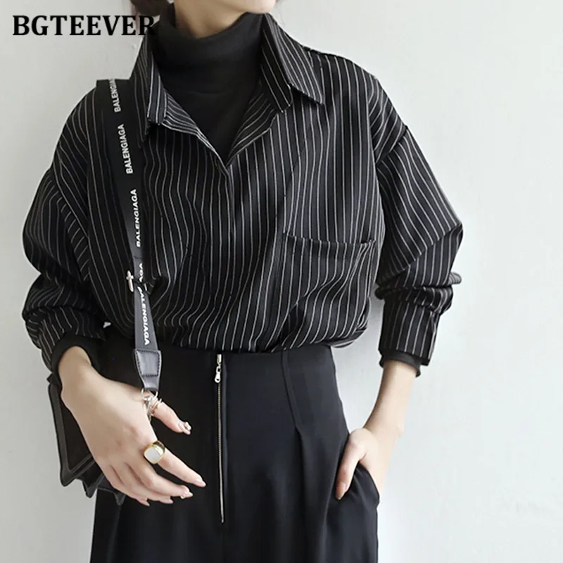 

BGTEEVER Autumn Turn-down Collar Ladies Striped Blouses Elegant Loose Single-breasted Full Sleeve Fake-2 pieces Women Shirts