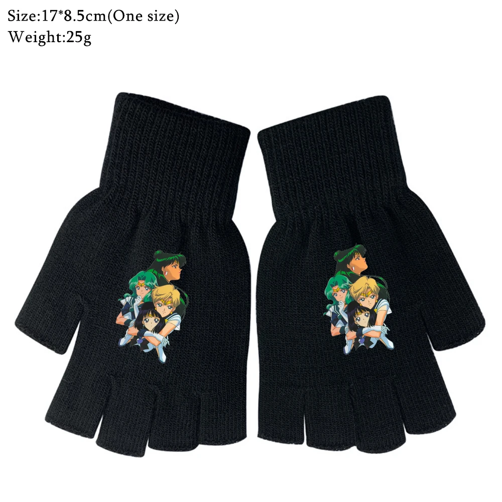 

Anime Cartoon Black Knitted Print Half Finger Gloves Boy Girl Autumn Winter Warm Student Cosplay Cycling Cold Proof Mittens Gift