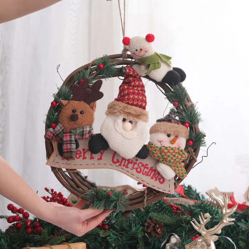 Рождественские венки с Санта-Клаусом, оленем, снеговиком, ротанговыми венками, праздвечерние чные украшения, подвесные украшения для окон, ...