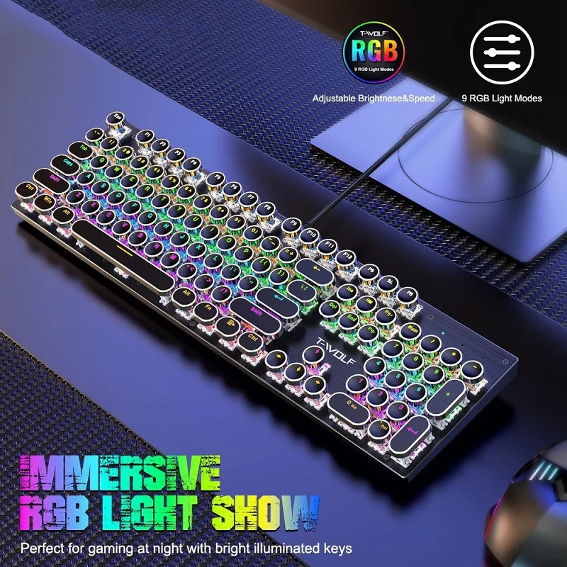 Mechanical Gaming Keyboard 104 keys Retro Punk USB Wired RGB Rainbow Backlight Full Keypad Blue Switch for Computer Game