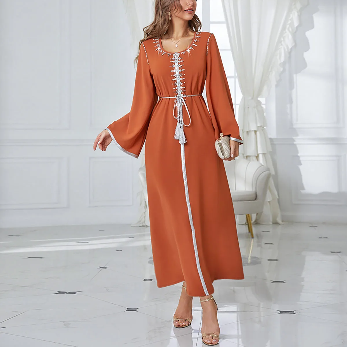 New Arrival Women Round Neck Symphony Rhinestone Middle East Kaftan Dress Abaya