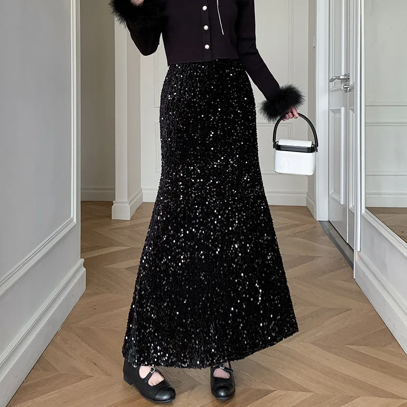 Осенняя Вельветовая юбка-годе с блестками длинные юбки элегантные из плюша до