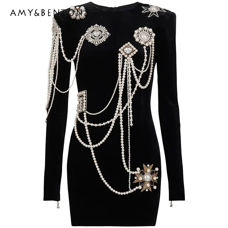 2023 European and American Fashion New Style Black Dress Heavy Industry Beads String Pearl Long Sleeve Slim Fit Pleuche Dress