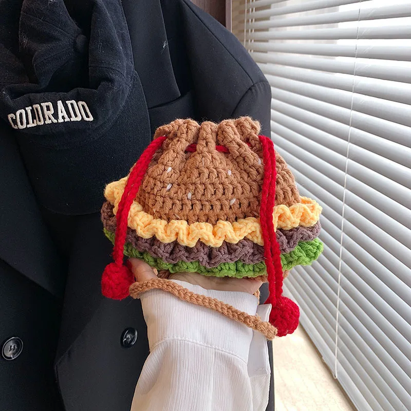 

Mini Drawstring Bag Cute Hamburger Woven Bags for Women Handbags Handmade Crochet Crossbody Bag Knitting Shoulder Bags Girls New
