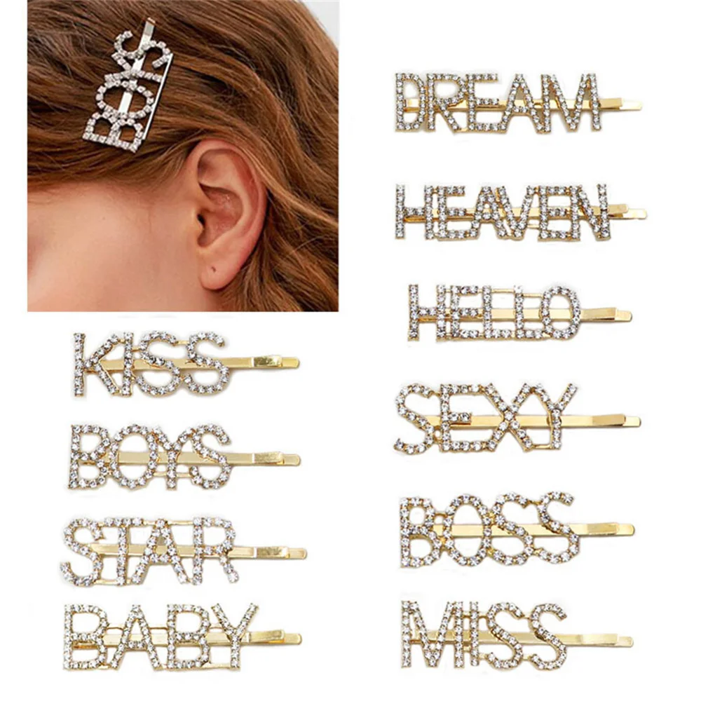 

Fashion Crystal Rhinestones Letters Hair Clips Hairpins For Women Barrettes Bobby Pins Hair Accessories LOVE SEXY KISS QUEEN