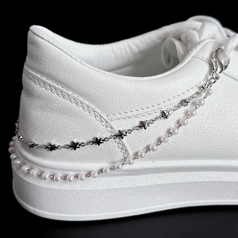 2PCS Double Layer Metal Heart Chains Shoe Buckles Punk Vintage Gold Pearls Chain Shoes Accessories Creative Jewelry Wholesale