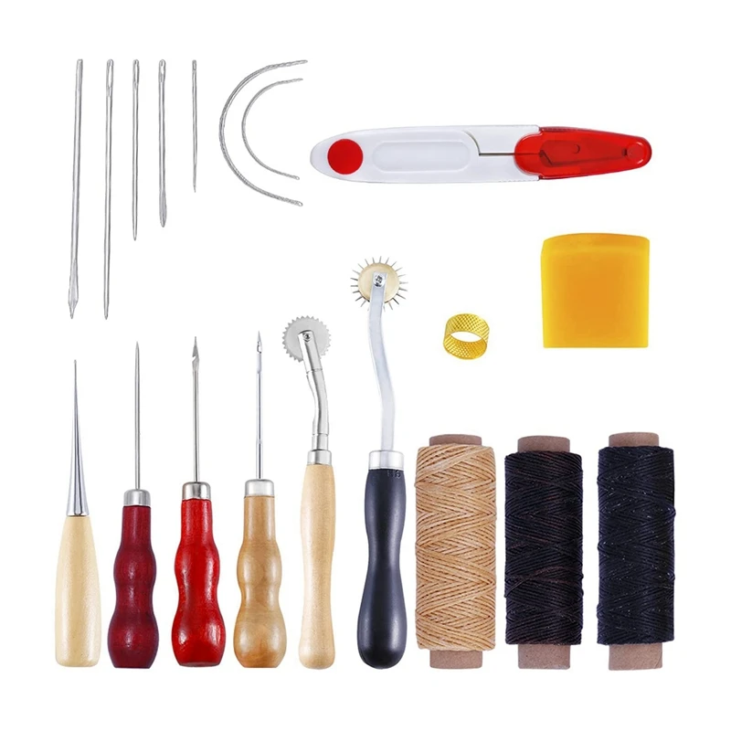 

BMBY-19 PCS Leather Craft Tool Kit Leather Repair Kit Hand Sewing Waxed Thread Needles DIY Sewing Craft Accessories