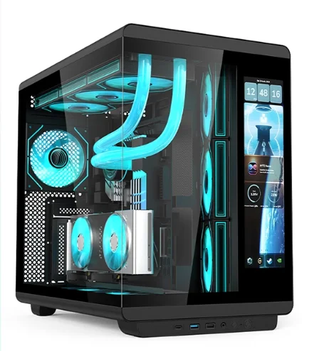 Фото Чехол для игрового ПК ATX из закаленного стекла с полной поддержкой башни, жидкостный охладитель 360, чехол для настольного компьютера с ЖК-экраном №5