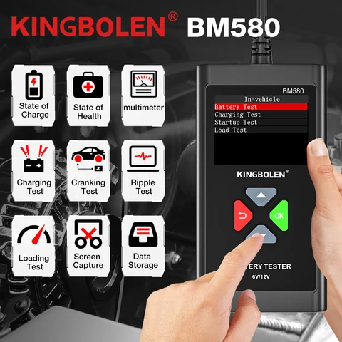 KINGBOLEN BM580 Тестер автомобильного аккумулятора 6 В 12 В Автомобильные тестовые инструменты Автомобильный оздоровительный экзамен Реверсивный зажим для доступа Вольтметр PK BM550 BM560