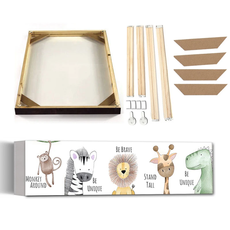 

Cute Animals Wall Art Canvas Painting with Frame Elephant Rabbit Cat Giraffe Astronaut Planet Poster Children Room Decor Picture