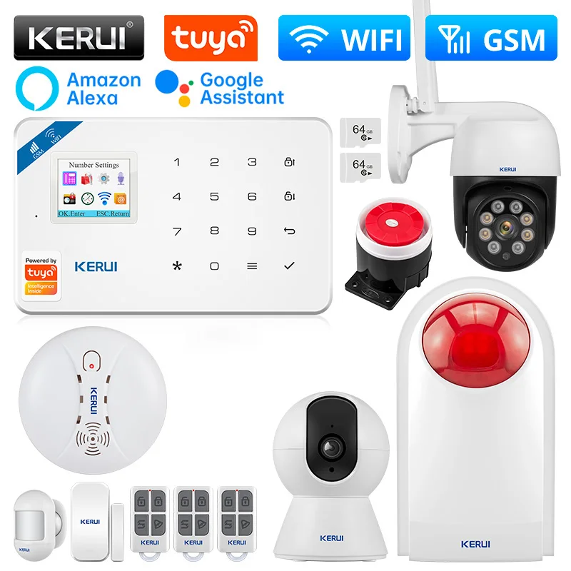 KERUI W181 Tuya Alarm System WIFI GSM Alarm Home Alexa Smart Life Motion Sensor Detector Door Sensor Sounder Siren IP Camera