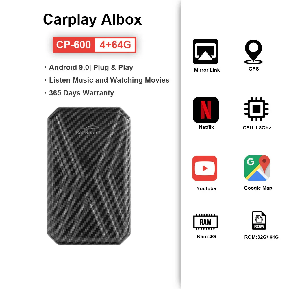 

Wireless Carplay Ai Box Car Multimedia AiBox Android 9.0 4+64G Mirror link For Audi Benz Mercedes Volvo VW Subaru Kia Mazda