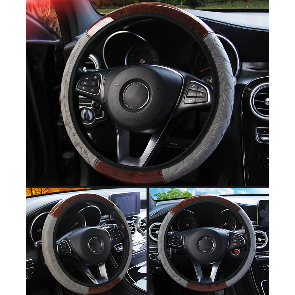 

Universal Car Steering Wheel Cover Auto Decoration 4 Colors Wooden Pattern PU Leather Steering Covers Interior Accessories