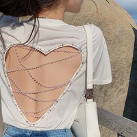 2021 new pearl chain heart back hollow out sexy t shirts women summer club white tshirt korean streetwear loose o neck tops