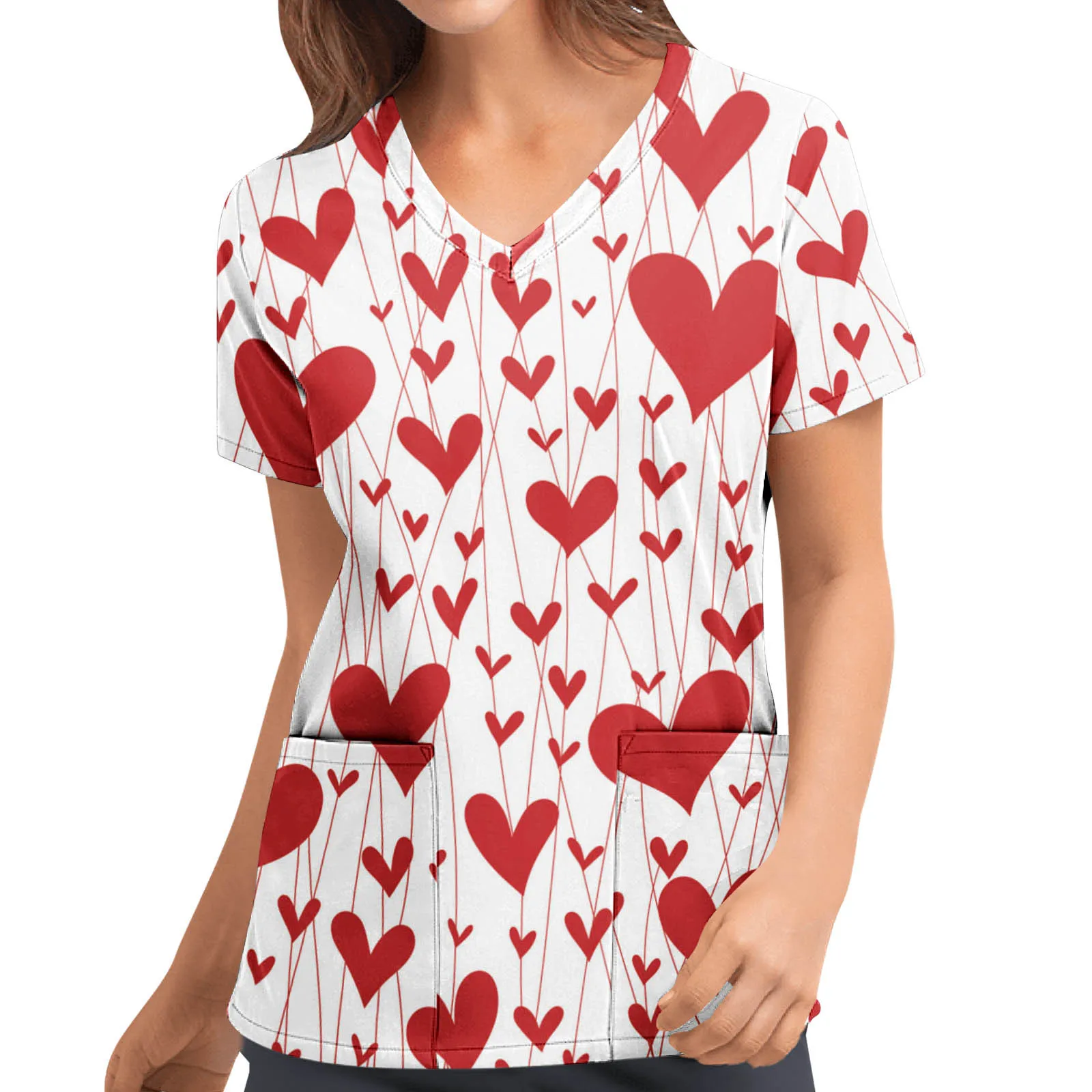 

Valentine's Working Fashion Short Day Shirt Blouse V Neck Tops Print Women Sleeve Women's Blouse