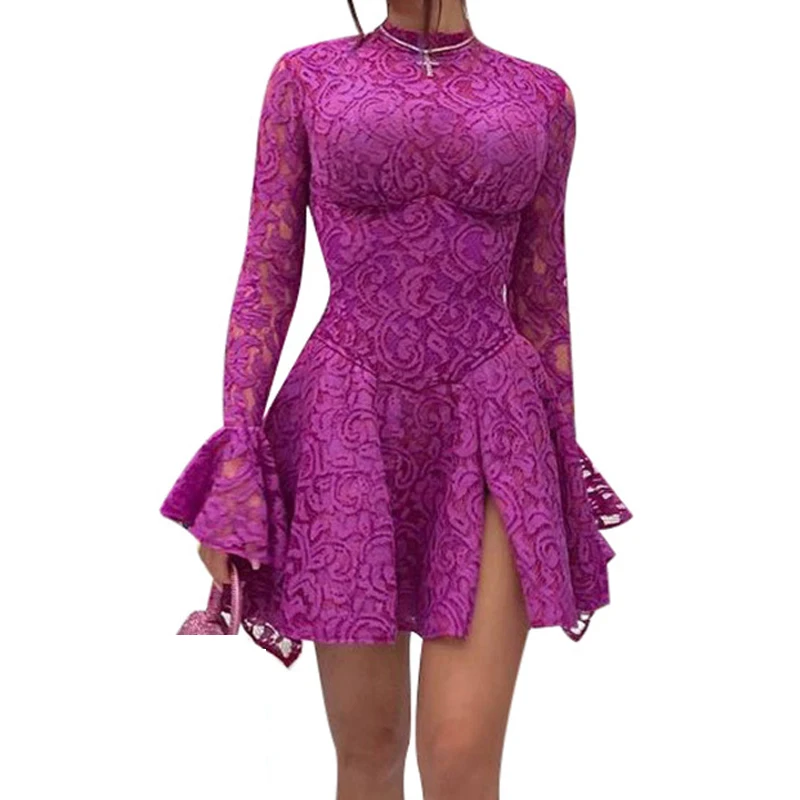 

Spring Long Sleeve Purple Lace Mini Dress Vintage Turtleneck Club Party Dress A Line Cocktail Dresses New Fashion Evening Gown