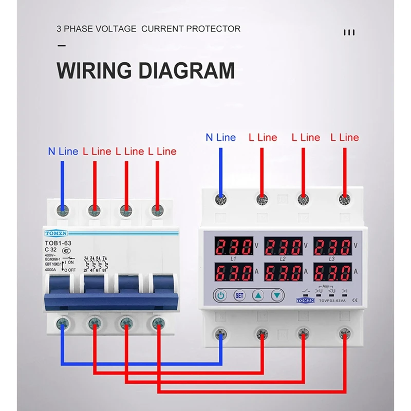 2-х фазное реле напряжения Din-рейка 380 В вольтметр амперметр контроля